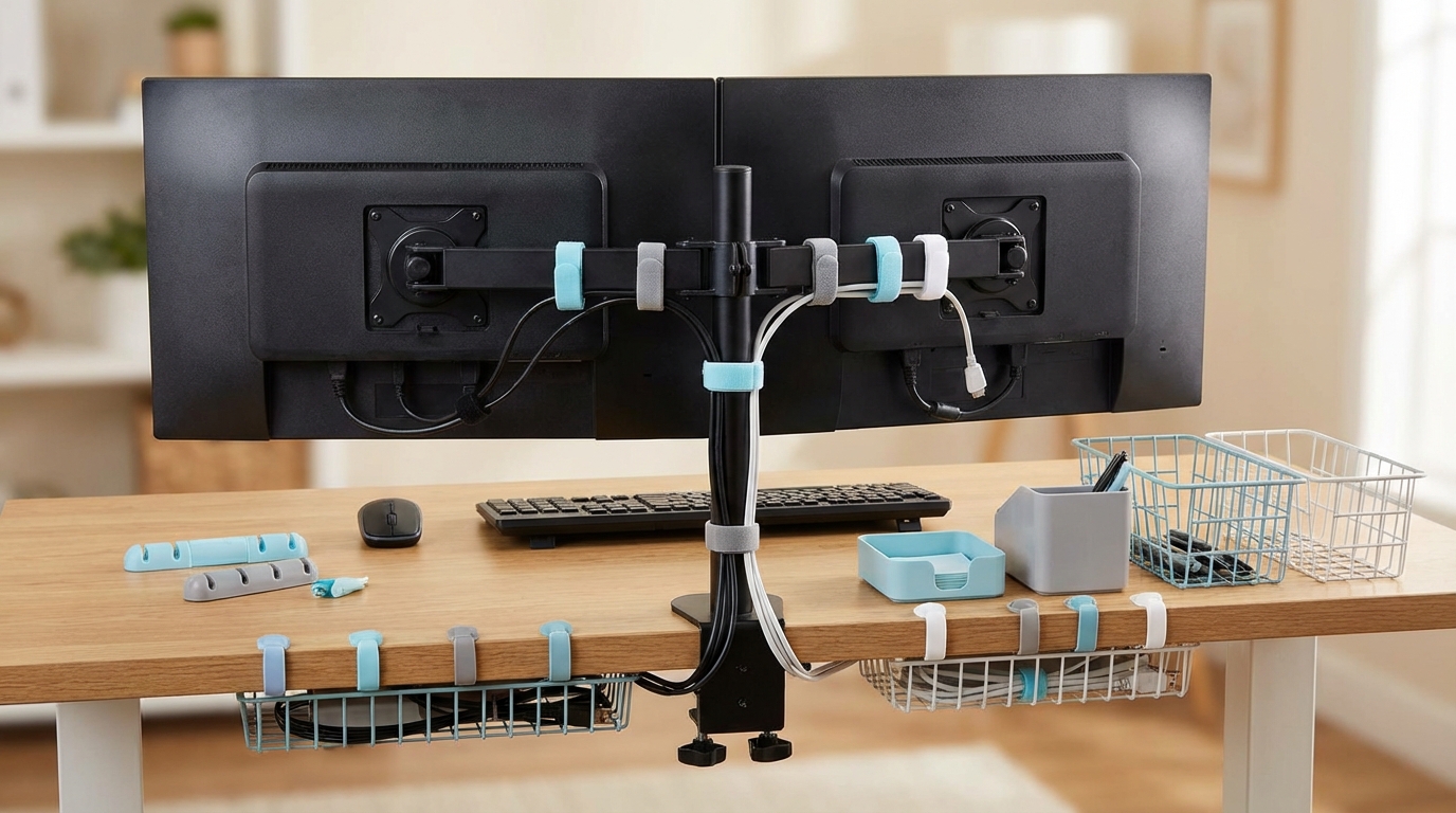 100均アイテムでpcデスクの配線整理は十分に可能です