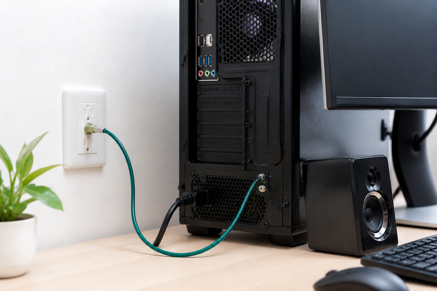PCのアースの役割と電源コードを確認するイメージ